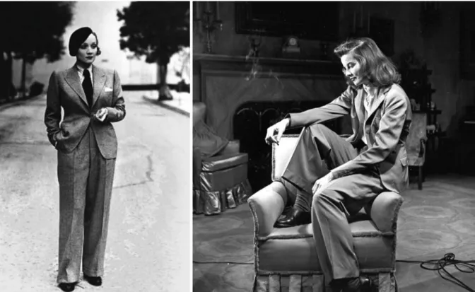 Figura 8 e 9 - Marlene Dietrich em 1933 (à esquerda) e Katharine Hepburn em 1938 (à direita)  a usar roupa masculina 