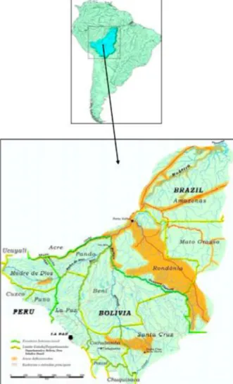 Figura  4  –  Mapa  esquemático  mostrando  a  localização  e  dimensão  da  bacia  de  drenagem  do  rio  Madeira