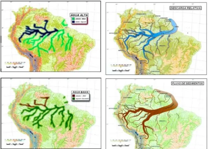 Figura 6 – Mapa esquemático mostrando as diferenças nos períodos de  água  alta  e  água  baixa  na  Bacia  Amazônica