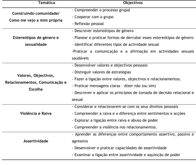 Figura 4. Temáticas e Objectivos das Sessões do Programa de Intervenção 
