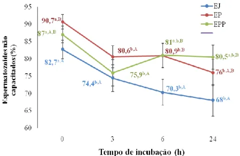 Figura  11  –  Porcentagem  de  espermatozoides  do  ejaculado  (EJ),  do  epidídimo  (EP),  do  epidídimo + plasma seminal (EPP) não capacitados