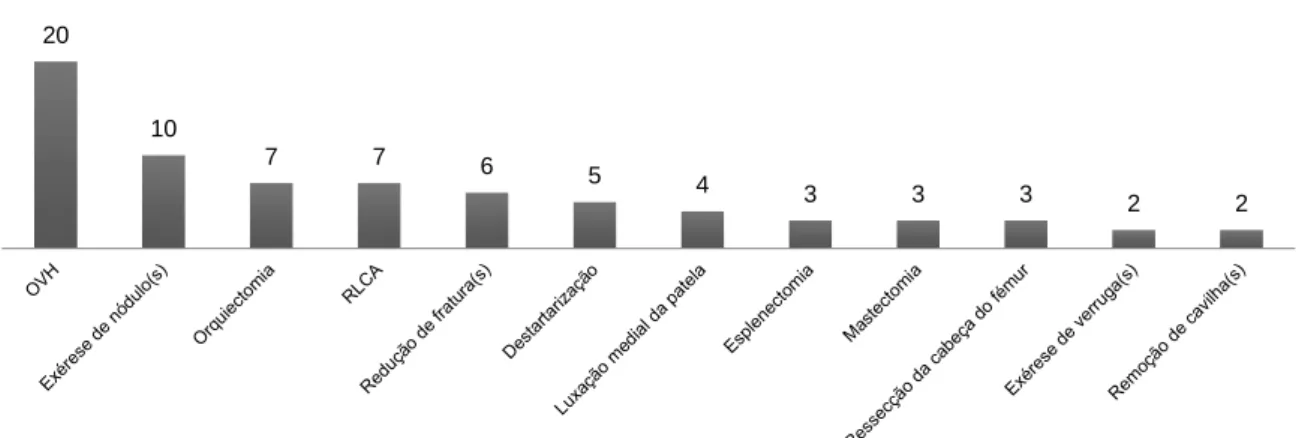 Gráfico 3. Número de casos para cada procedimento cirúrgico. Excérese de nódulo(s) – exérese de  nódulo(s)  cutâneos  e  subcutâneos