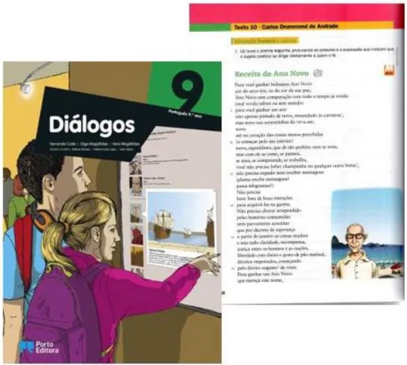 Figura 3 – Capa do livro escolar do 9º ano e texto de Carlos Drummond de Andrade no  interior