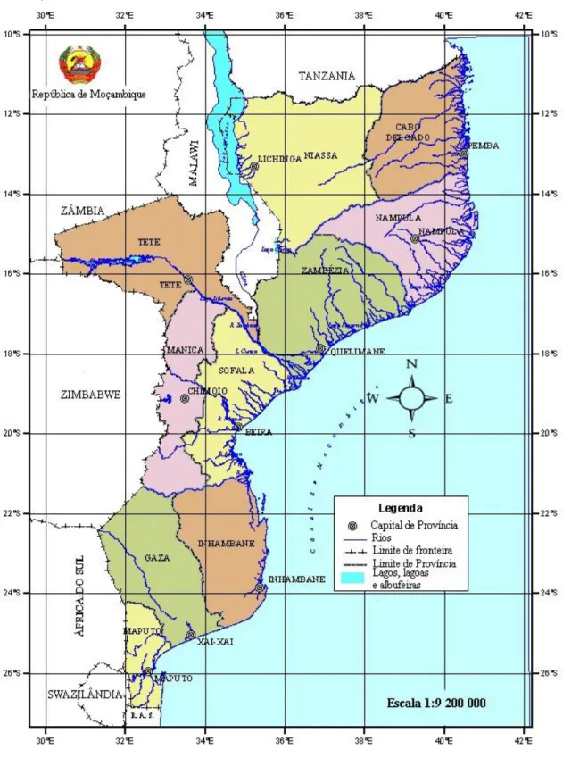 Figura 1. Localização geográfica e limites de Moçambique (CENACARTA, 2006 apud Cumbe,  2007:7)