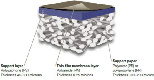 Figura 5. Corte esquemático de uma membrana de película fina usada em osmose reversa. 