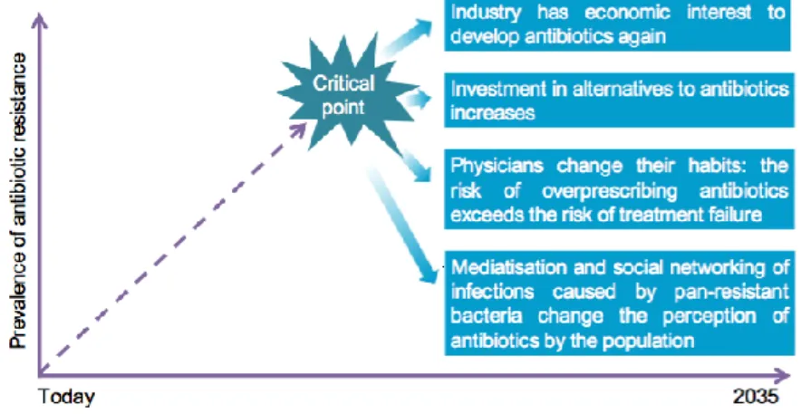 Figure 3 – Rise of antibiotic resistance up to a critical point where its perception by pharmaceutical  industry, investigators, physicians, and population change  (20) 