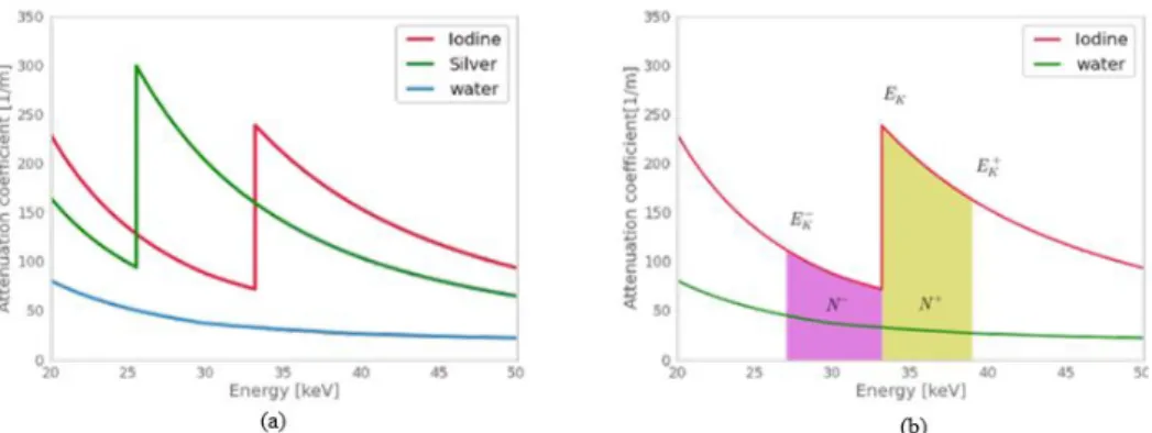 Figure 3.2: Graphic representation of the linear attenuation coefficients as a function of energy of (a) Iodine, Silver and water, and (b) Iodine and water.[7]
