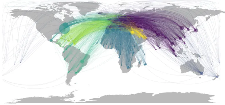 Fig 3. Air transport network and the average degree centrality measure of source countries