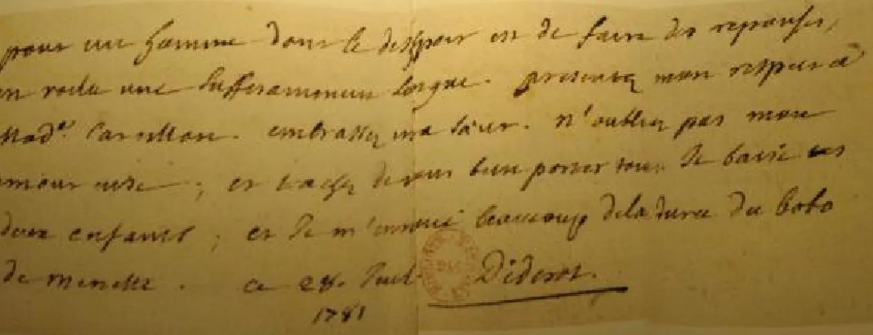 Fig. i – Página manuscrita de Denis Diderot extraída de uma carta autografada à sua filha  (Biblioteca Nacional de Paris)