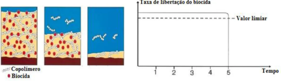 Figura  1.7.  Mecanismo  de  funcionamento  de  tintas  de  auto-polimento.  O  agente  biocida  é  libertado  de  forma  controlada, ao longo do tempo, através da quebra da ligação química entre o biocida e a matriz promovida pelo  contacto com a água do 