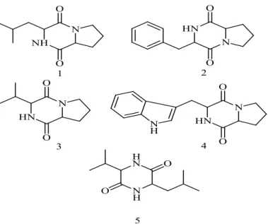 Figura  1.8.  Estrutura  química  de  dicetopiperazinas  com  atividade  anti-incrustante  isoladas  da  bactéria  Streptomyces fungicidicus