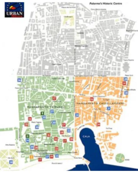 Figura 3 Mapa do centro histórico de palermo evidenciando os dois âmbitos de atuação do programa  Urban I (retirado de http://www.unipa.it/ignazio.vinci/pdf_09010/sit_09010_vinci_02.pdf)