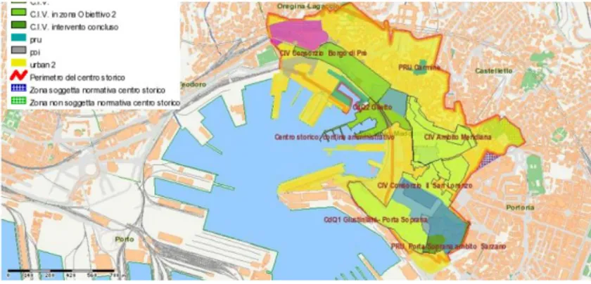 Figura 4- Mapa do centro histórico de génova ilustrando os âmbitos de atuação de alguns programas de  recuperação da área central e do antigo porto (retirado de http://www.urbancenter.comune.genova.it/node/257) 