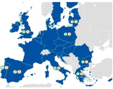 Figura 6- Programas relativas à iniciativa Jessica na EU  Números verdes: indicam a quantidade de FP geridos pelo BEI 