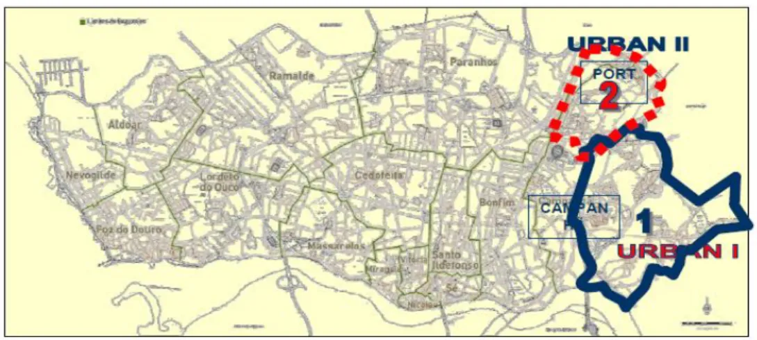Figura 7-Iniciativa Comunitária Urban I e II no concelho do Porto (retirado de pic Urban II Porto- Porto-Gondomar, 2010) 