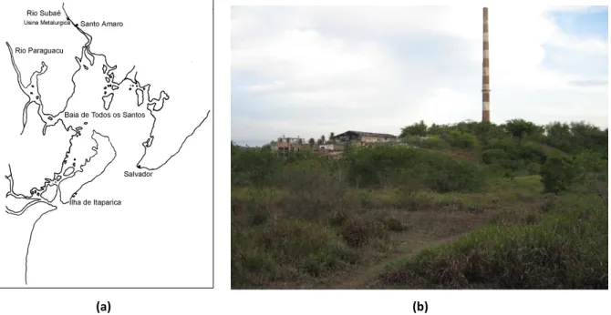 Figura 1 – a) Localização do sítio estudado e b) foto da fundição de chumbo de Santo Amaro