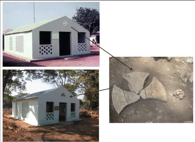 Fig. 1: Reconstrução da Capela do quartel de Guiledje: a partir de uma foto original (em cima) e de  achados arqueológicos (à direita) conseguiu-se reconstruir esta infraestrutura (em baixo)