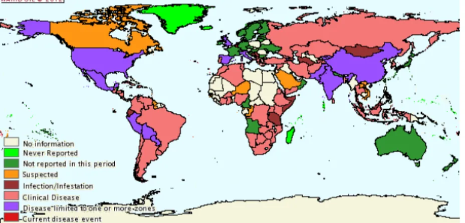 Figura 8 –Distribuição geográfica de Brucella abortus em animais domésticos e selvagens entre julho e dezembro de  2010 (OIE 2010) 