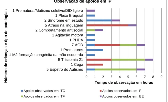 Figura 1: Representação gráfica do número de crianças e tipo de patologias e apoios, bem como as horas de  apoios observados pela TEPM