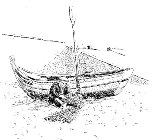 Fig. 3: Pescador amanhando redes de pesca no areal da praia de Fortaleza.