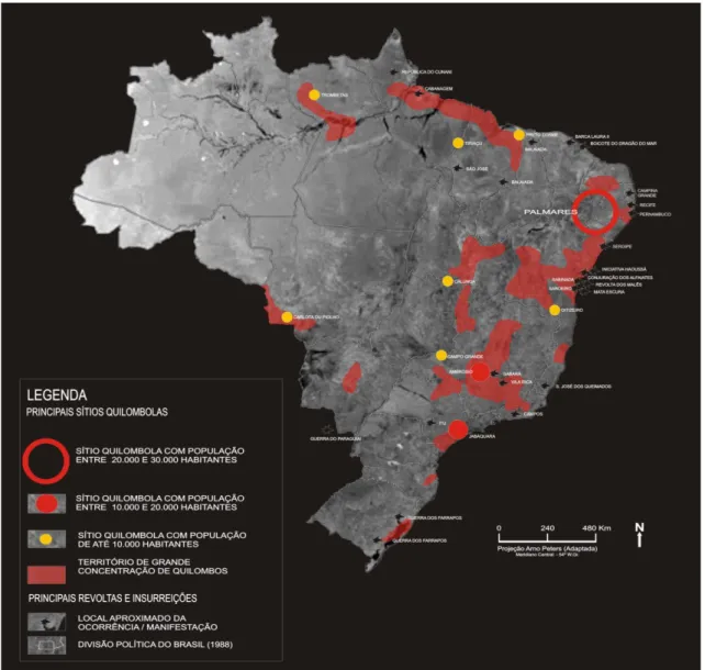 Figura 4 - Principais zonas e sítios dos quilombolas e movimentos sociais das populações africanas e dos descentes  no território Brasileiro - Séculos XVI/XIX.