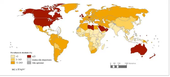 Figura 1 - Prevalência de obesidade no Mundo em percentagem em 2014, Idades superiores iguais ou superior a 18 anos  e para amos os sexos 