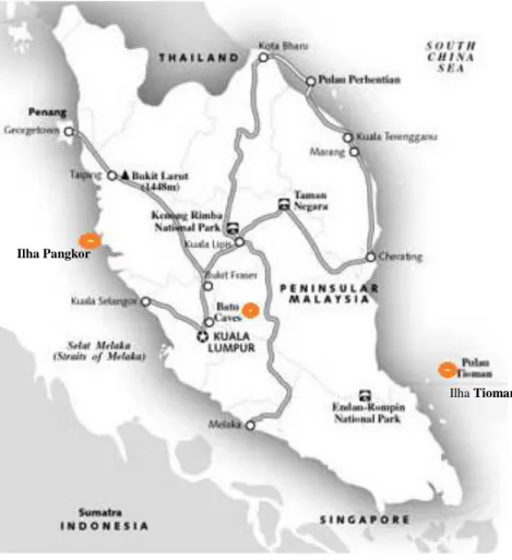 Figura 1 – Península Malaia: Os locais onde tiveram origem os três surtos de  sarcocistose muscular: a capital, Kuala Lumpur, a ilha Tioman e a ilha Pangkor 
