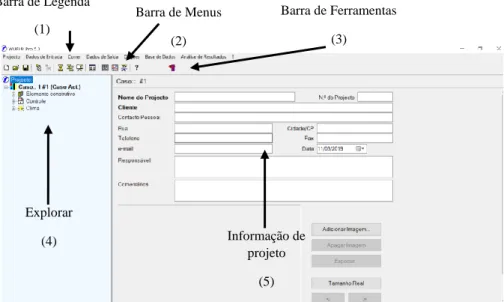 Figura 1 – Ecrã Principal WUFI Barra de Legenda (1) Barra de Menus (2)  Barra de Ferramentas (3) Explorar (4)Informação de projeto (5) 