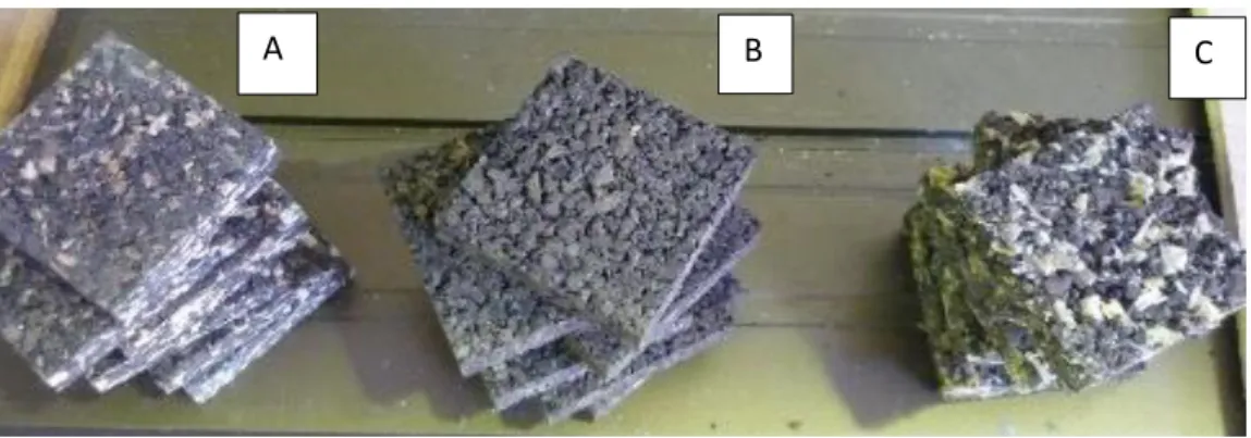 Figura 25. Provetes de 5x5cm para teste à tração: A  – aglomerado negro com cola e cascas de  E.maculata;  B  -  aglomerado  negro  com  cola;  C  -  aglomerado  negro  com  cola e  aparas  de  E.maculata.