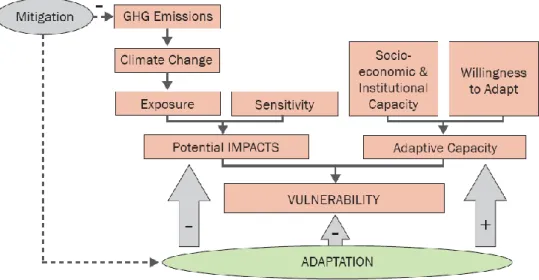 Figura 19 – Diagrama conceptual demonstrando as inter-relações entre impactes das alterações climáticas,  vulnerabilidade e adaptação