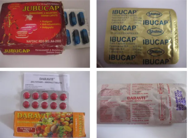 Fig. 2.18. a 2.21. – Embalagens primárias e secundárias de Medicamentos vendidos na rua (São Tomé) 