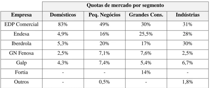 Tabela 9: Quotas de mercado em consumo por segmento (2014)  Quotas de mercado por segmento 