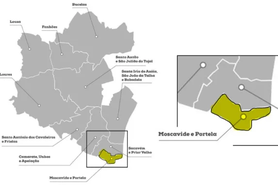 Fig. N.º  1- Mapa do concelho de Loures com destaque da União de Freguesias de Moscavide  e Portela.