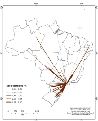 Figura 4.9. – Mapa do fluxo dos haitianos que entraram no Brasil por São Paulo e Guarulhos,  no período de janeiro de 2010 e março de 2014 