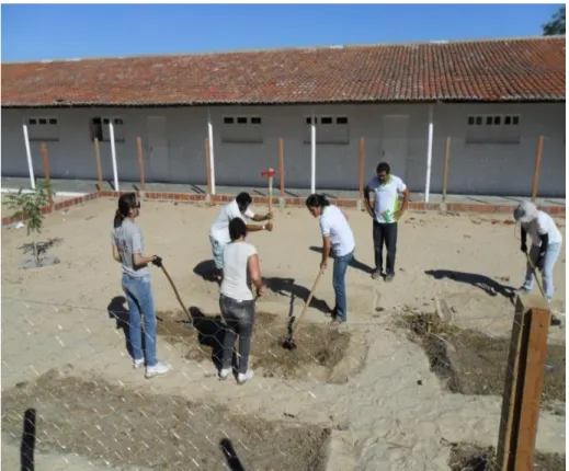 Figura 1. Demarcação e construção dos canteiros da horta escolar pelos discentes do IFPB, campus Picuí