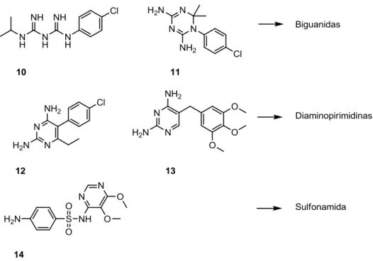 Figura  5  -  Outros  fármacos  utilizados  na  malária.  Biguanidas:  Proguanilo  (10),  Cicloguanilo  (11); Diaminopiridinas: Pirimetamina (12), Trimetoprim (13); Sulfonamidas: Sulfadoxina (14) 