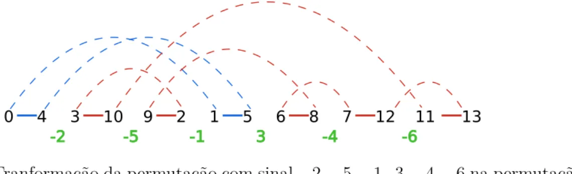 Figura 2.3: Tranformação da permutação com sinal −2, −5, −1, 3, −4, −6 na permutação sem sinal 0, 4, 3, 10, 9, 2, 1, 5, 6, 8, 7, 12, 11, 13.