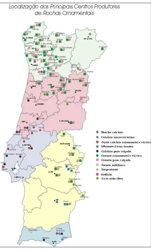 Fig. 5 - Centros de produção de rochas ornamentais em Portugal Continental (Fonte: DGEG) 