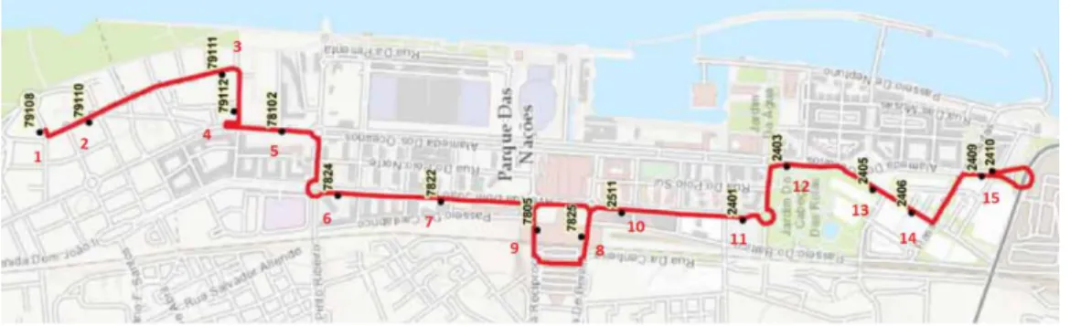 Fig. 5. Bus route 400, bus stops and route path representation 