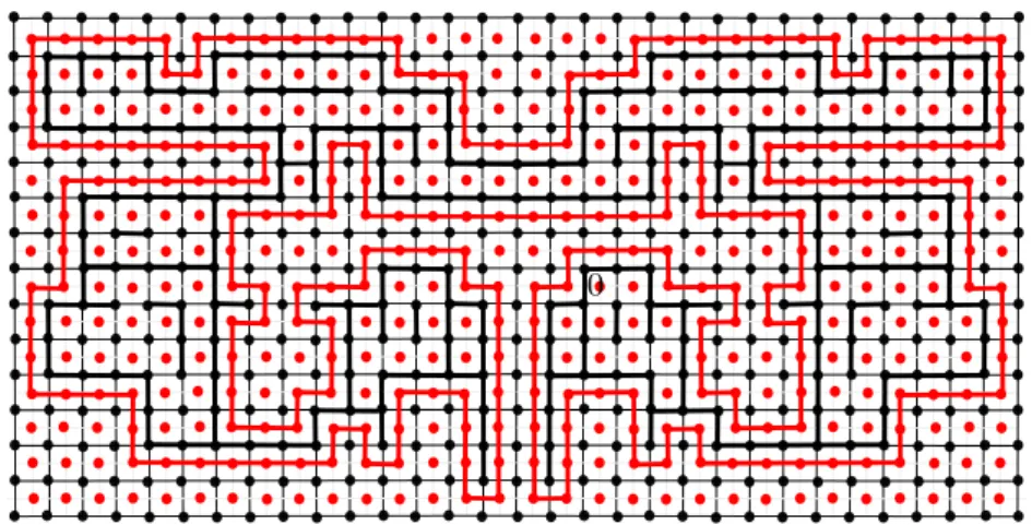 Figura 2.5: Um aglomerado aleatório nito da origem (em linhas sólidas pretas), sendo cercada por um circuito aberto na rede dual (em linhas sólidas vermelhas).