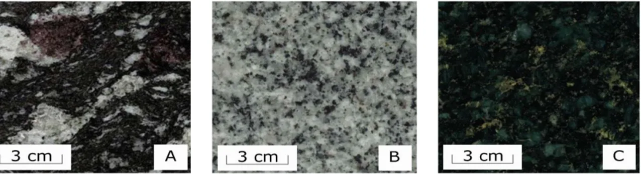 Figura 1. Rochas utilizadas na pesquisa: (A) gnaisse Preto Indiano, (B) monzogranito Cinza Castelo, (C) charnoquito  Verde Labrador