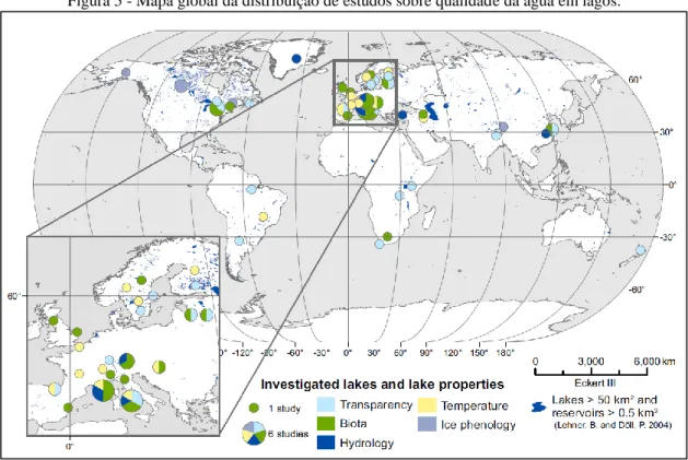 Figura 5 - Mapa global da distribuição de estudos sobre qualidade da água em lagos. 