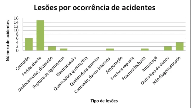 Figura 10 -Número de acidentes por tipo de lesão (N = 32 acidentes; período 15 meses  consecutivos)