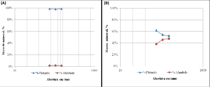 Figura 8. (A) Separação em meio denso da amostra “in natura” e (B) Separação em meio denso do concentrado de  bateia