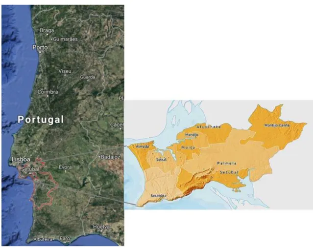 Figura 4.1 – Enquadramento geográfico do distrito de Setúbal e em pormenor a área em estudo  (adaptado de GoogleMaps e http://aiset.pt/peninsula-de-setubal/)