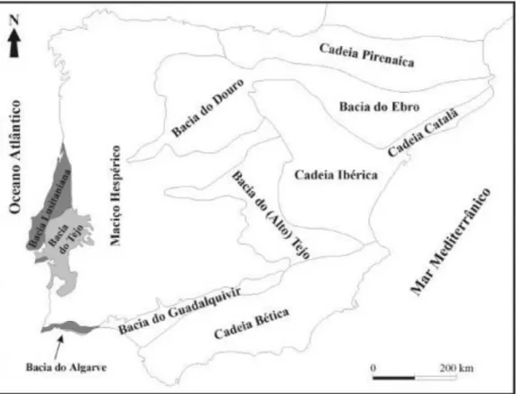 Figura 4.2 – Unidades morfo-estruturais da península Ibérica. Assinala-se, na Península de  Setúbal, a Bacia Cenozóica do Tejo (a cinzento claro) e a unidade mesozóica da Bacia 