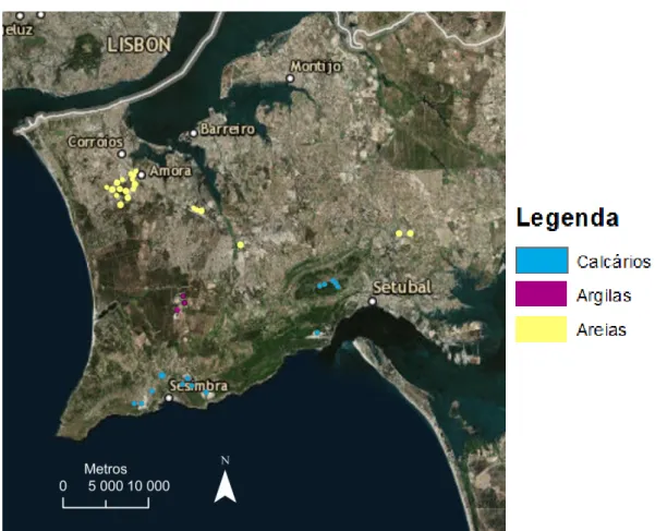 Figura 4.4 – Localização geográfica das pedreiras identificadas e respetivo tipo litológico  explorado