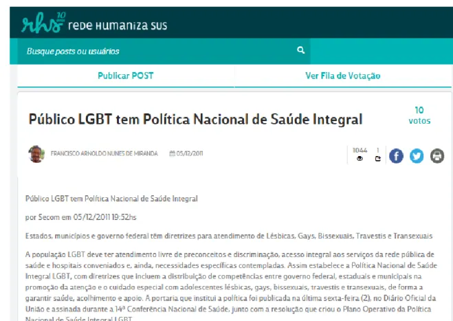Figura 7 – Post sobre o lançamento da Política de Saúde LGBT  Fonte: Rede HumanizaSUS