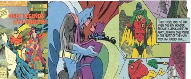 Figura 30. A morte do Batman da Terra 2, sua união e casamento com a Mulher  Gato e a mudança de uniforme de Robin