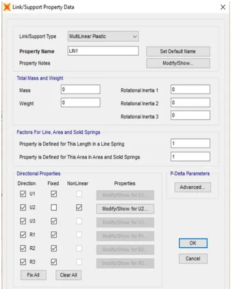 Figura 3.8 Menu da seleção e definição do elemento &#34;MultLinear Elastic&#34; no SAP2000